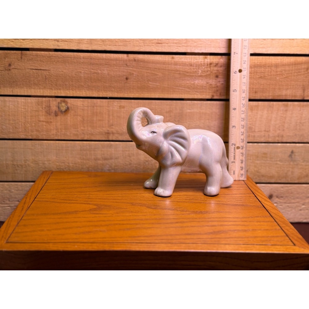 Pearlescent Iridescent Ceramic Elephant Figurine Trunk Up 6 Inch